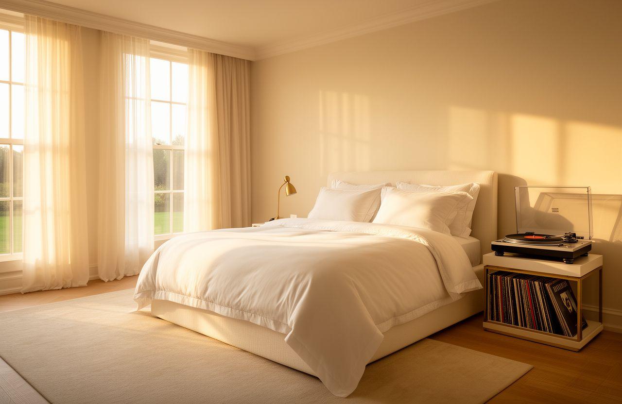 Luxury bedding backlit by soft morning sun